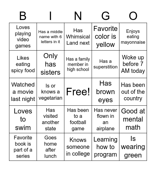 Intro Bingo Card