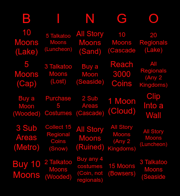 Super Mario Odyssey Challenges Bingo Card