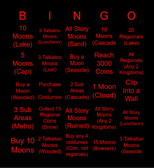 Super Mario Odyssey Challenges Bingo Card