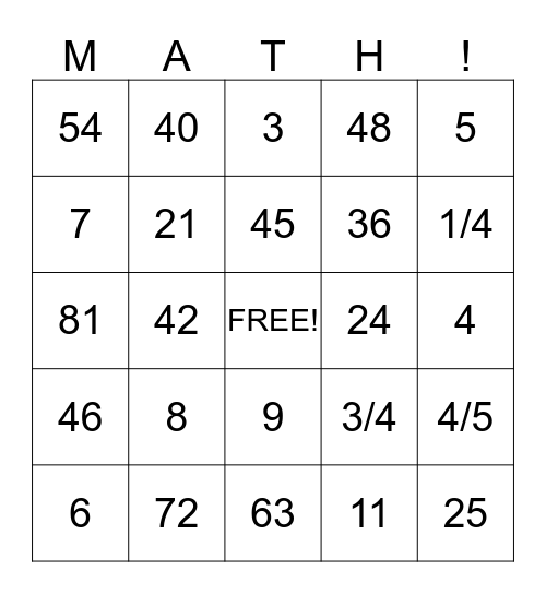 Math Bingo Card