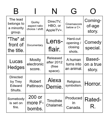 A24 Film/TV Bingo Card