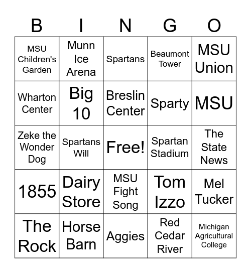 MSU Spartans Bingo Card