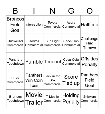 Superbowl 50 Bingo Card