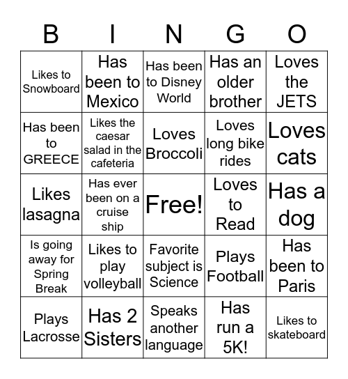 Getting to Know you Bingo! Find Someone Who... Bingo Card