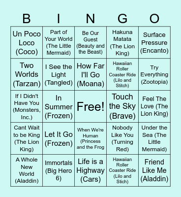 Music BINGO - Disney Edition Bingo Card