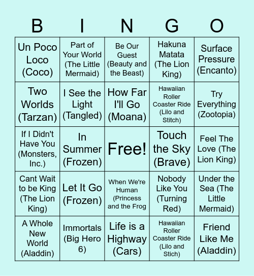 Music BINGO - Disney Edition Bingo Card