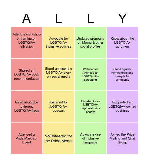 Pride Allyship Bingo Card