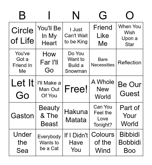 Disney Songs Bingo Card