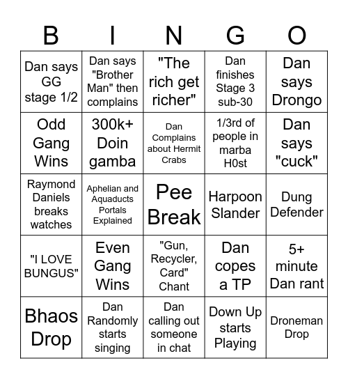 Raymond Daniels Bingo Card