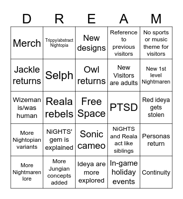 NiGHTS 3 Bingo Card