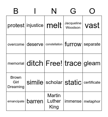 Black Girl Dreaming Vocab List 1 Bingo Card