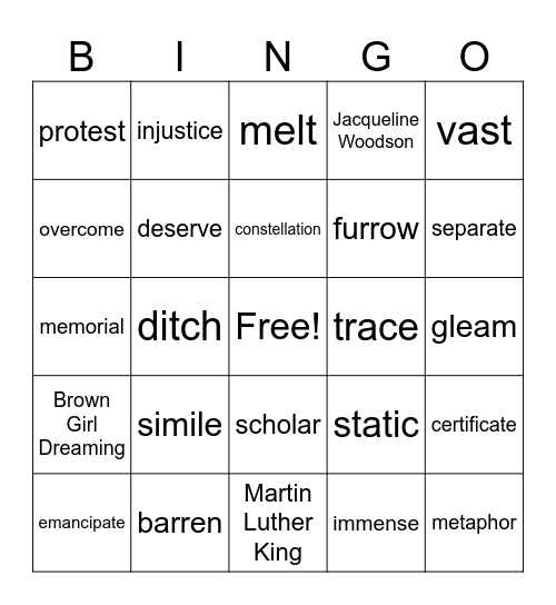 Black Girl Dreaming Vocab List 1 Bingo Card