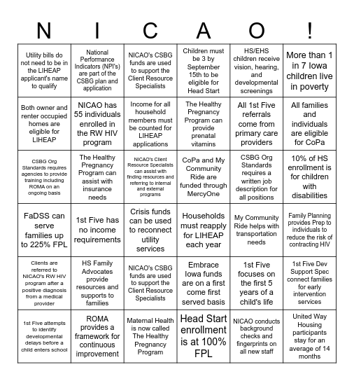 NICAO All-Agency Facts Bingo Card