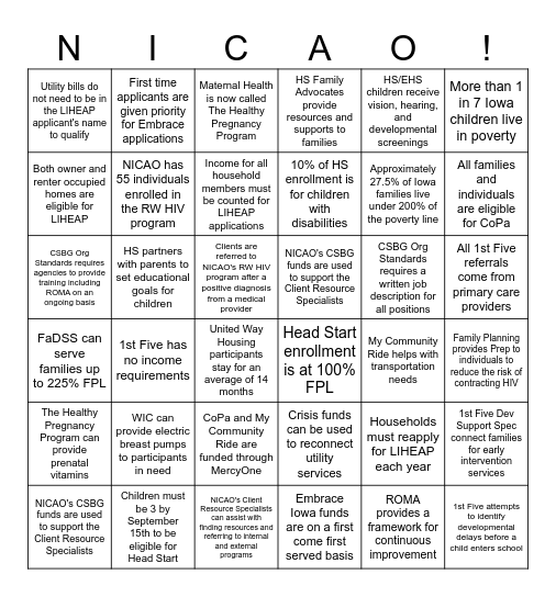 NICAO All-Agency Facts Bingo Card