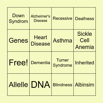 Inherited Diseases Bingo Card