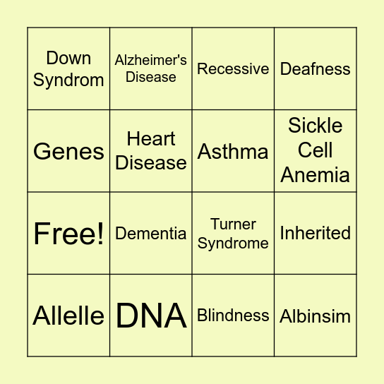 Inherited Diseases Bingo Card
