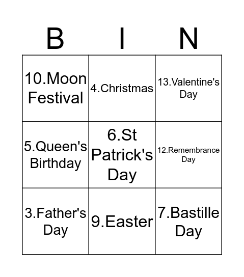 Festivals Bingo Card