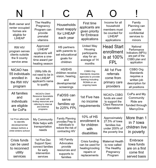NICAO All-Agency Facts Bingo Card
