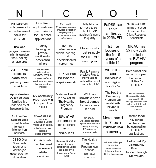 NICAO All-Agency Facts Bingo Card