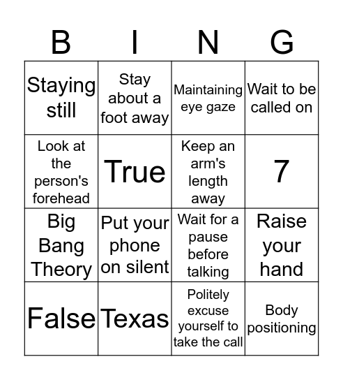 Respecting and Attending to Others Bingo Card