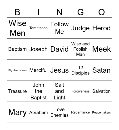 Matthew Chapters 1-7 Review Bingo Card