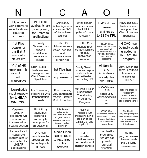 NICAO All-Agency Facts Bingo Card