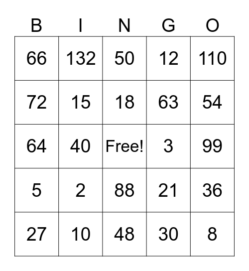 Multiplication Bingo Card