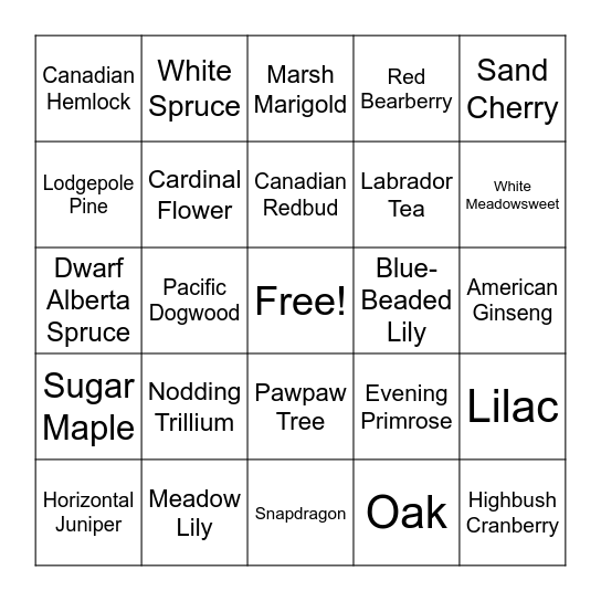 Canadian Plant Bingo Card