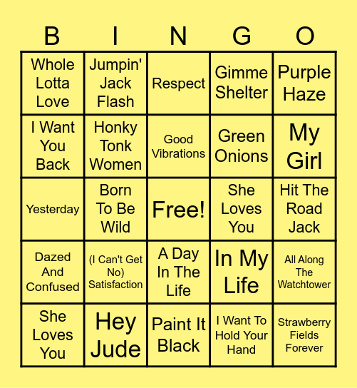 60's Rock Bingo Card