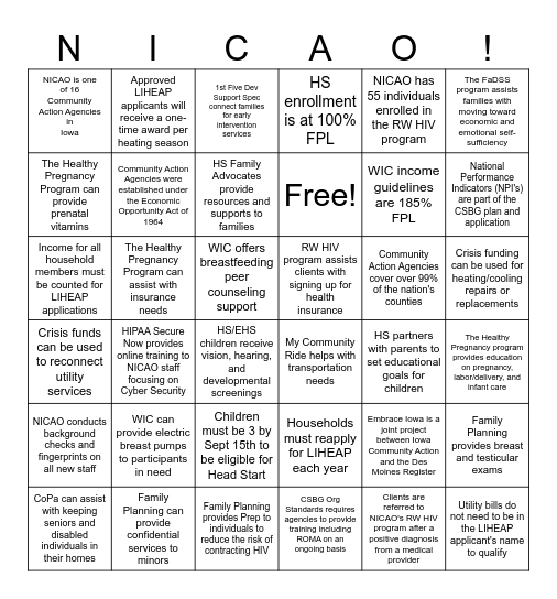 NICAO All-Agency Facts Bingo Card