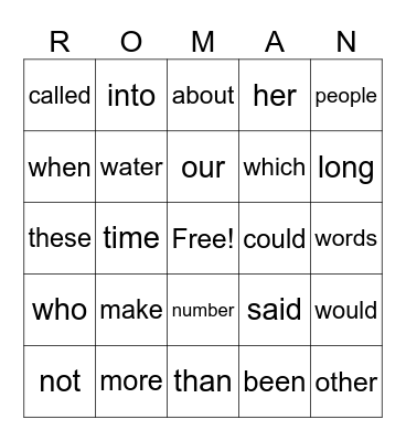 Site Word Bingo Card