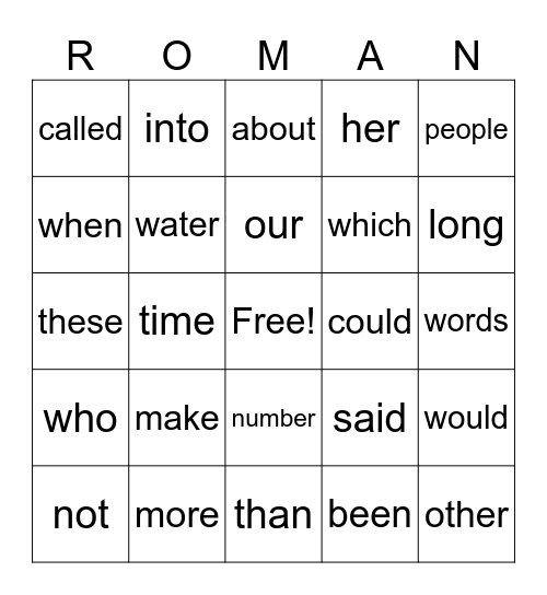 Site Word Bingo Card