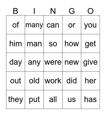 Sight Word BINGO Card