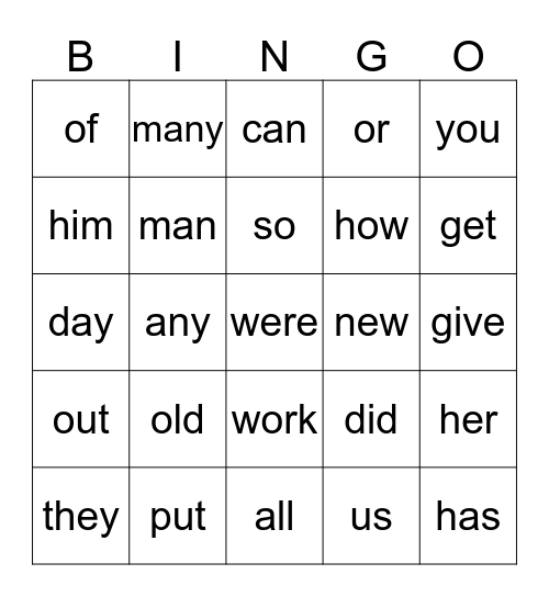 Sight Word BINGO Card