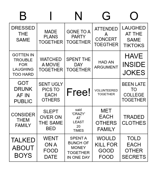 BEST FRIEND BINGO Card