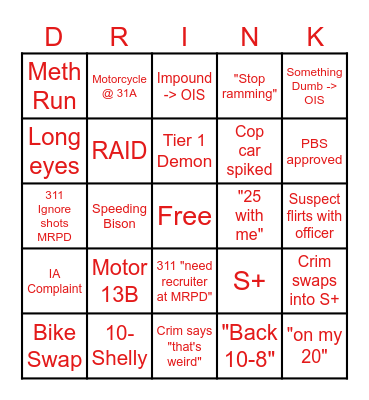 PD Drinking Night Bingo Card