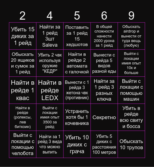 Tournament Escape From Tarkov Bingo Card