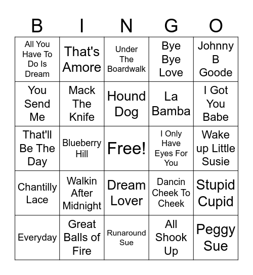 50s Song Bingo Card