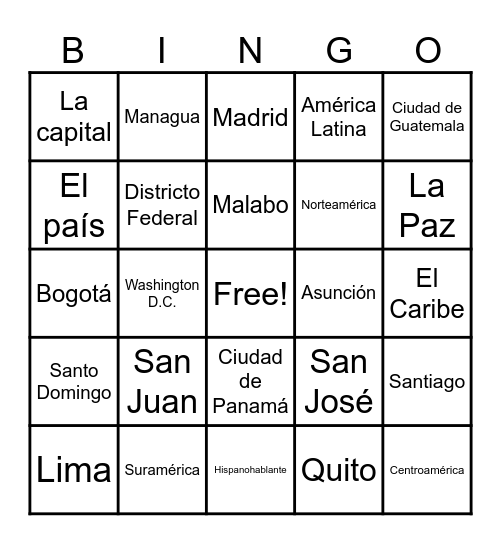 Captials of Spanish-Speaking Countries Bingo Card