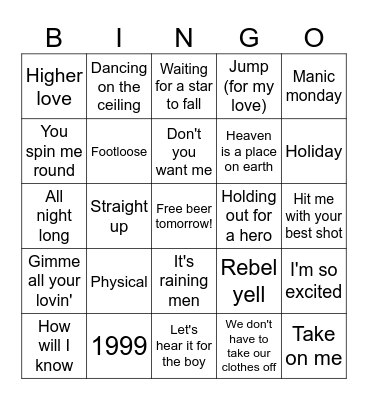z80's Pop Hits Bingo Card