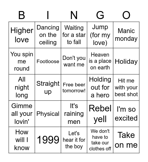 80's Pop Hits Bingo Card