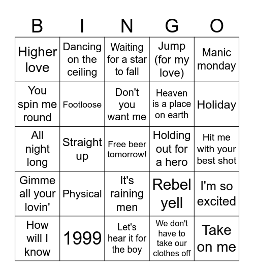 z80's Pop Hits Bingo Card