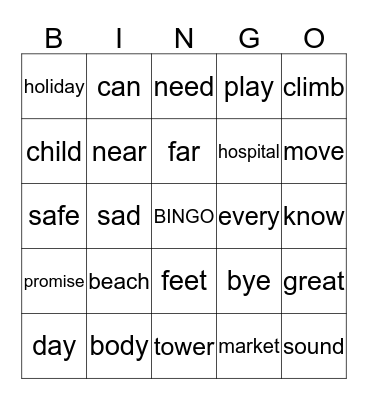 Engelse woorden Bingo Card
