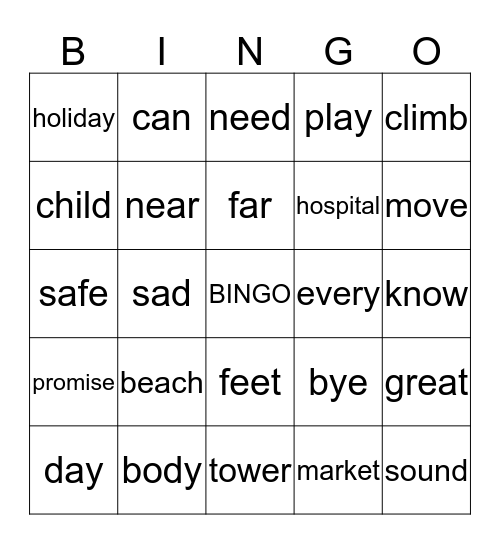 Engelse woorden Bingo Card