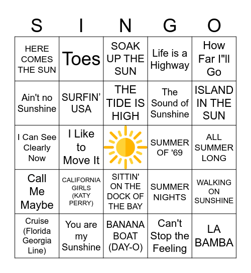 SUMMER SONGS Bingo Card