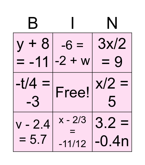 Equations Bingo Card