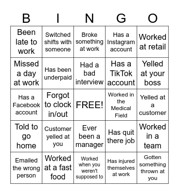 Work Experience Bingo Card