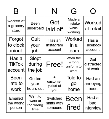 Work Experience Bingo Card