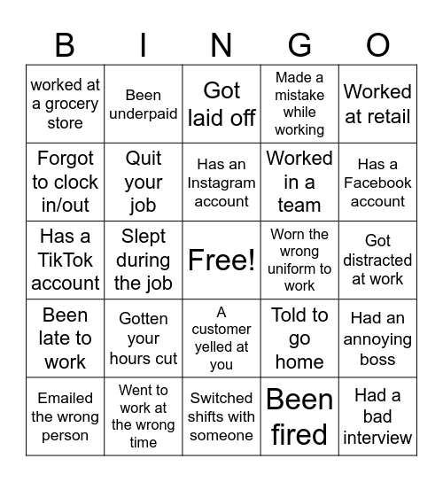 Work Experience Bingo Card