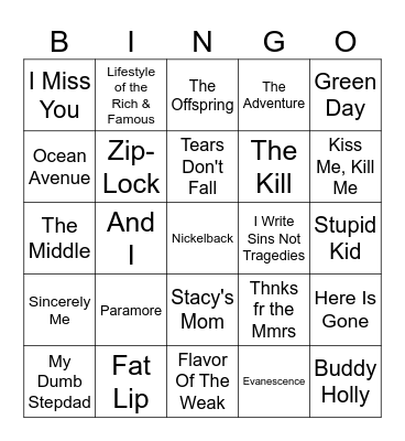 "Angsty Teen Anthems" Bingo Card